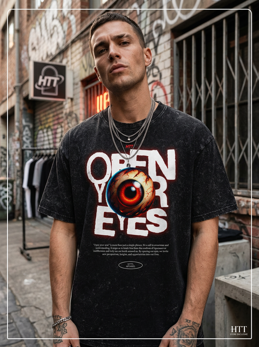 HTT Streetwear Open Your Eyes T-Shirt – Snow Wash Oversized Tee