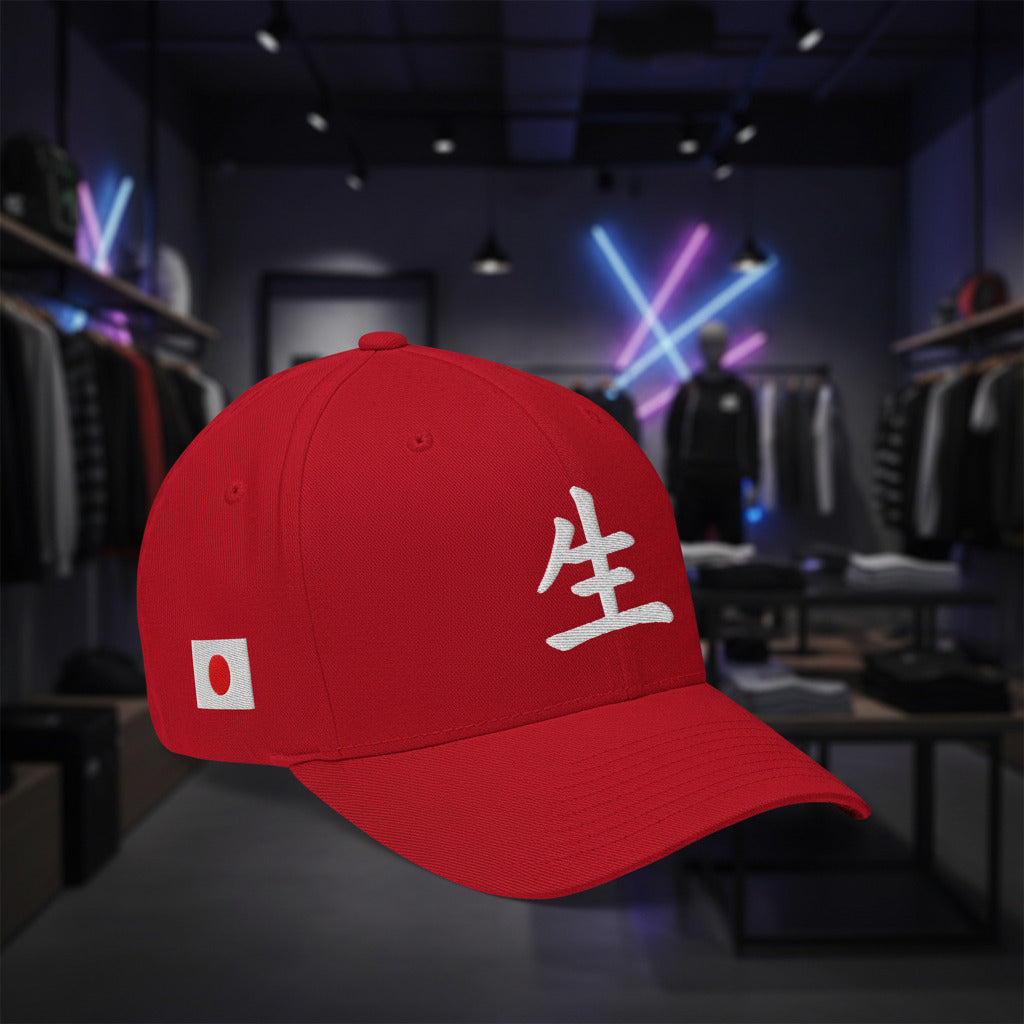 Rood: "Japanse 'Life' Symbol Cap rood – wit geborduurd kanji-teken (生) op voorpaneel, linker vooraanzicht"