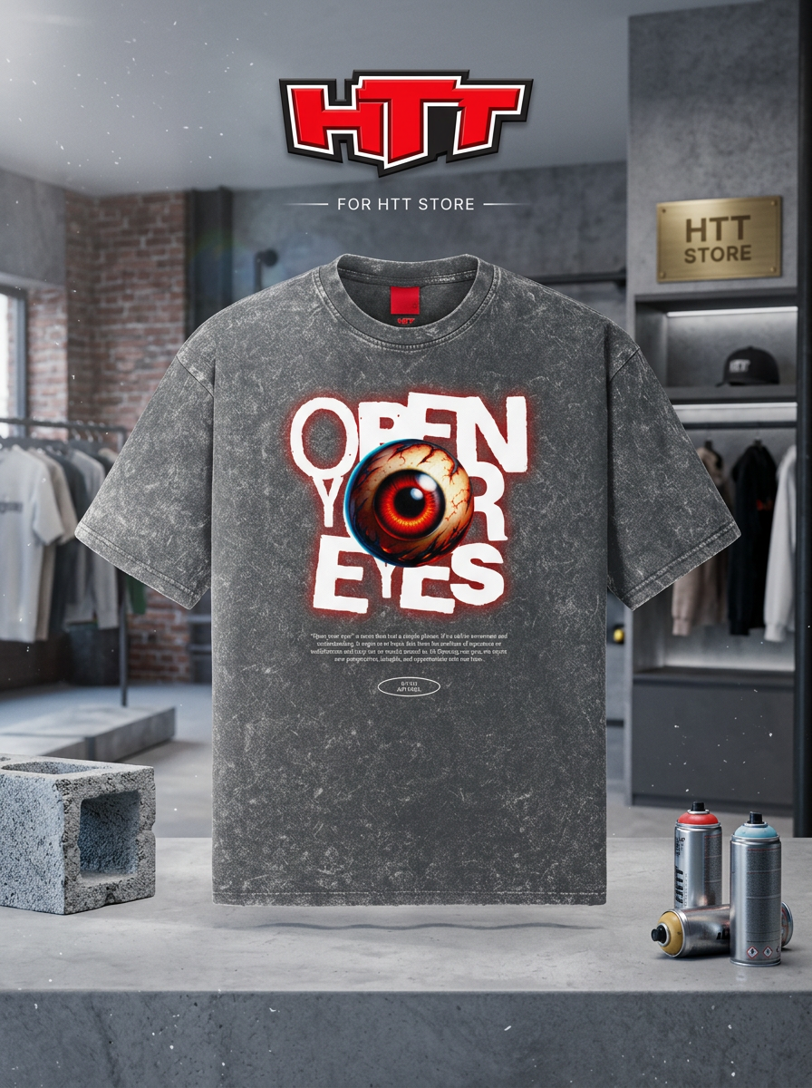 HTT Streetwear Open Your Eyes T-Shirt – Snow Wash Oversized Tee